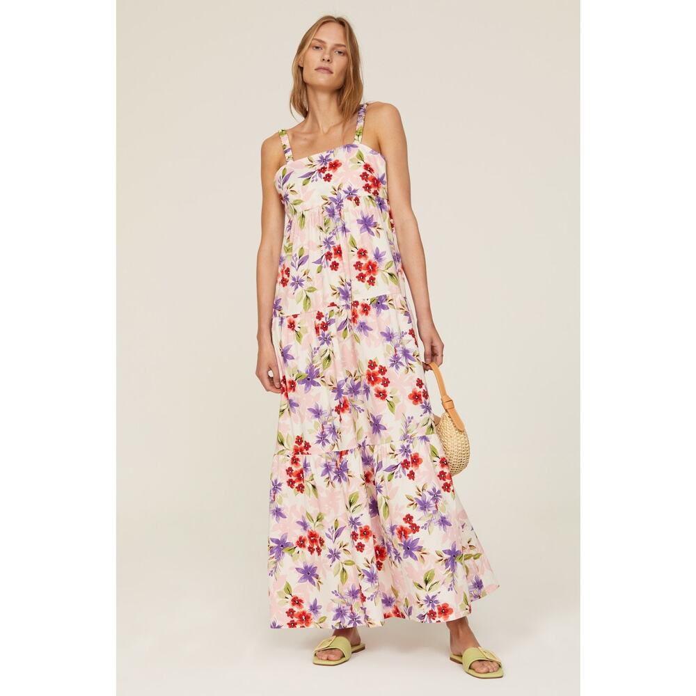 RTR Louna Sz S Floral Purple Red Tiered Sleeveless Resort Maxi Dress printed